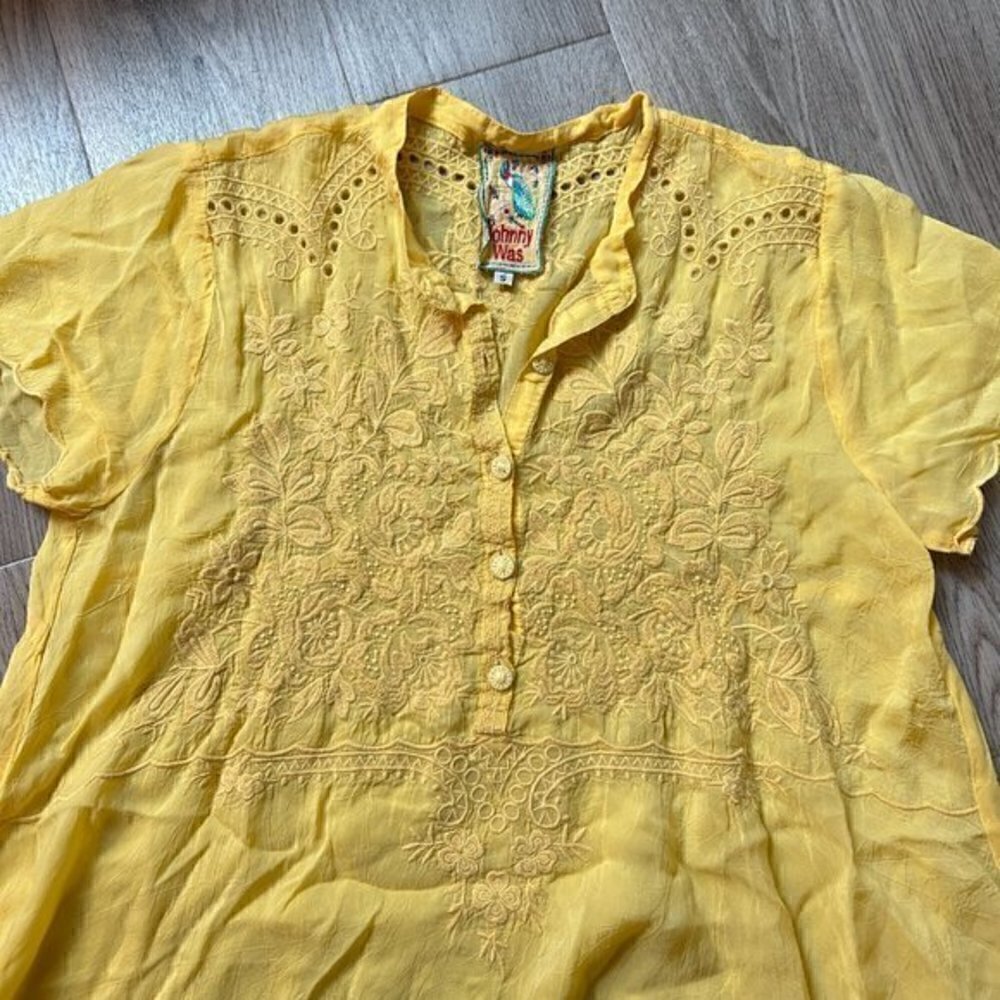 Johnny Was Yellow Lace Button Up Ruffle Tunic Top Size S - Picture 2 of 7